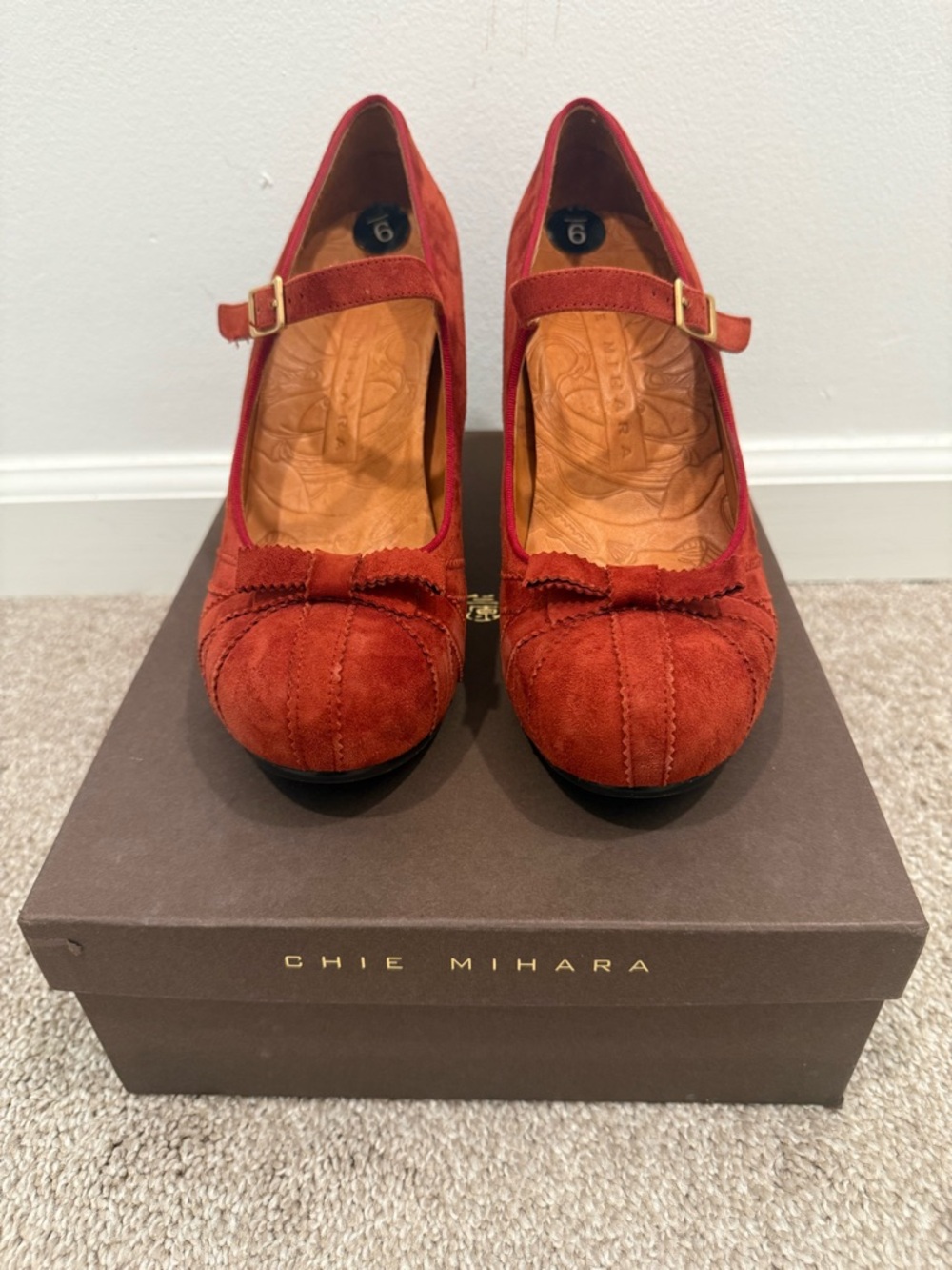 Chie Mihara Burnt Orange Suede Mary Jane Heels with Bow